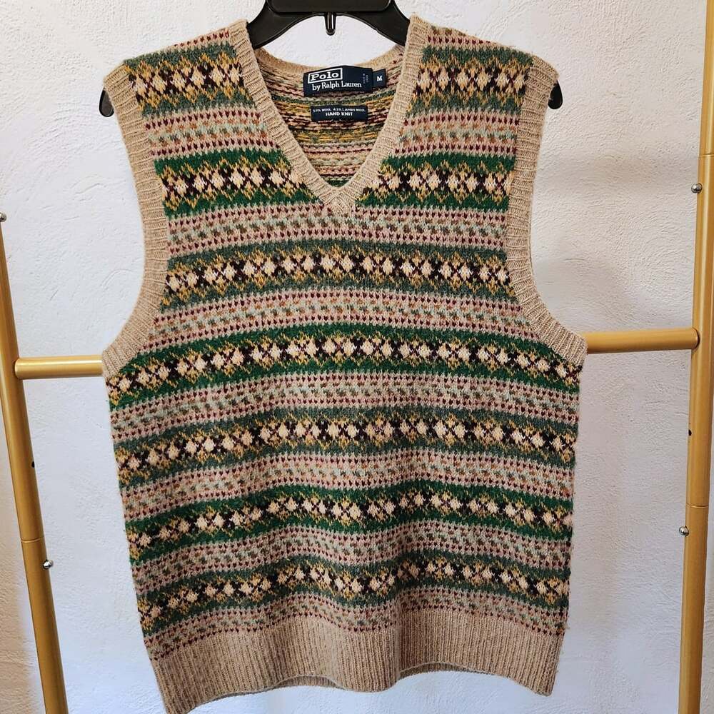 Polo by Ralph Lauren Hand Knit Fair Isle V-Neck Wool Lambswool Sweater Vest Med